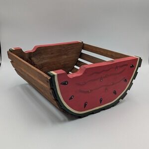 Watermelon Wood Slat Crate Red Green Hand Painted Fruit Basket Cottagecore Fruit